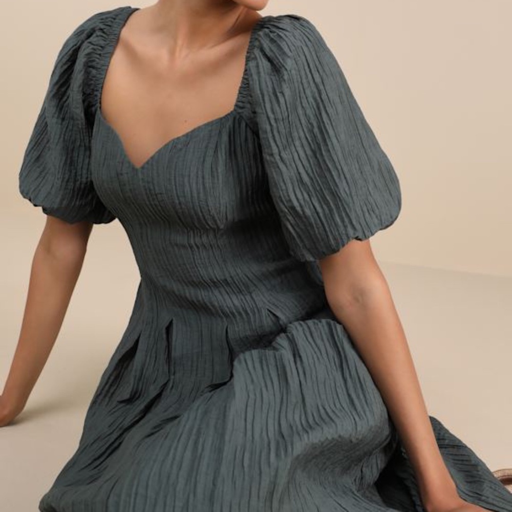 Lulus Heavenly Energy Dark Slate Textured Puff Sleeve Midi Dress Blue - Size L